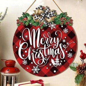 NWT- Beautiful Merry Christmas Red Buffalo Check- Round Wooden Decoration Sign